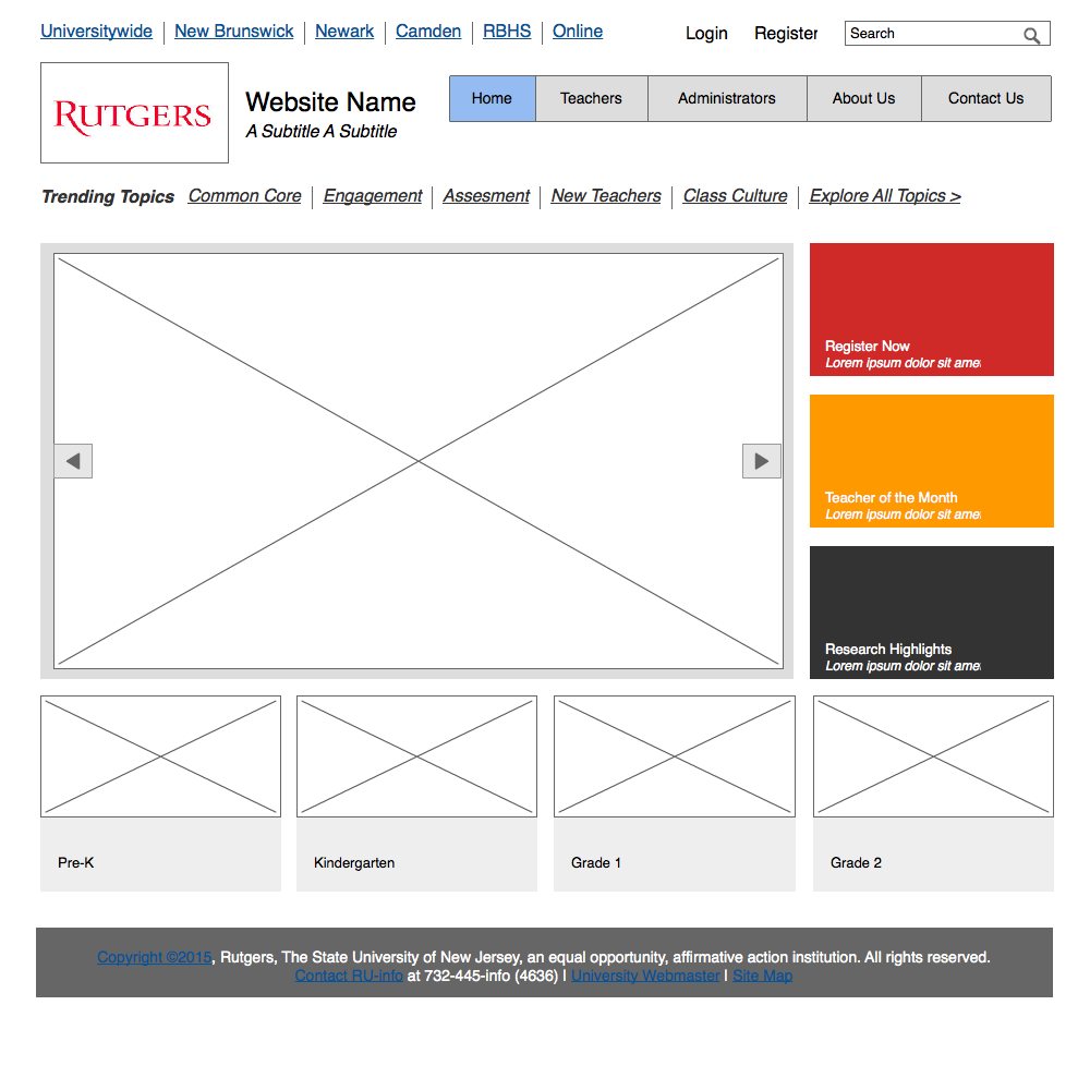 Home page wireframe with a large slider, three promo tiles and grade-level boxes for Pre-K through Grade 2