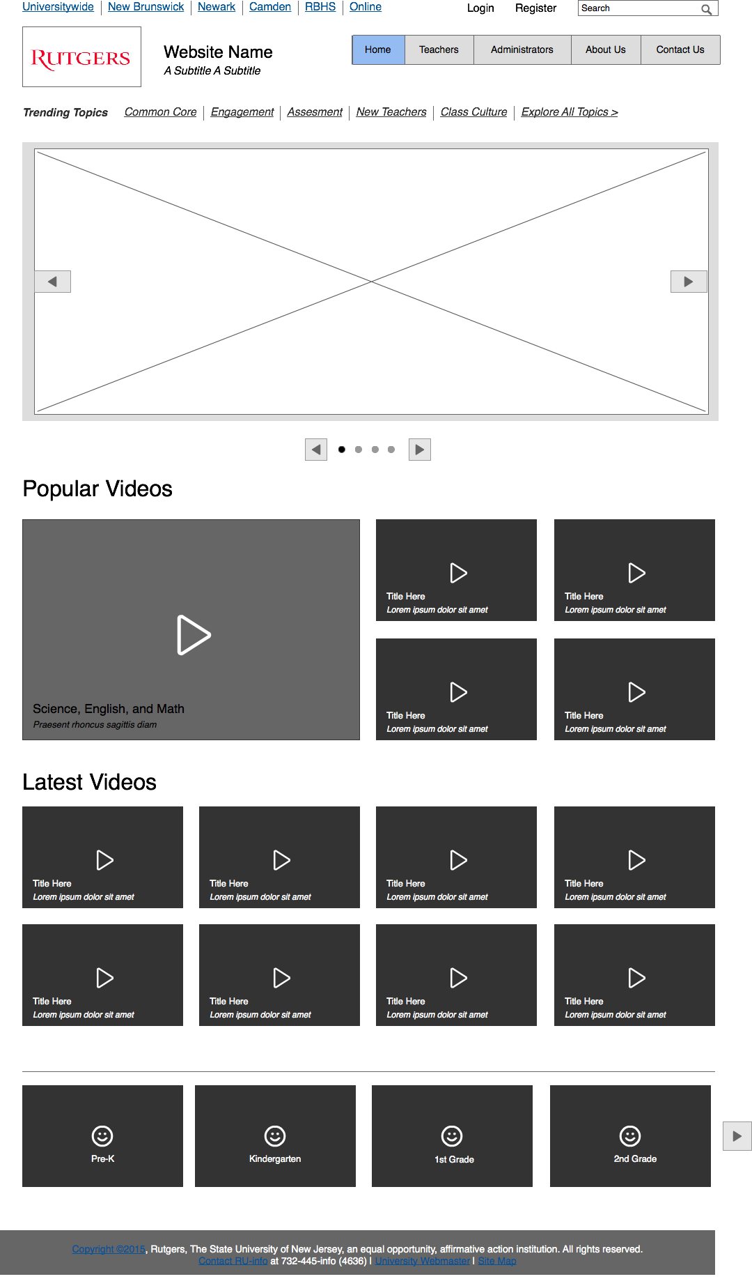 Home page wireframe with a slider, a Popular Videos grid, Latest Videos and grade-level shortcuts