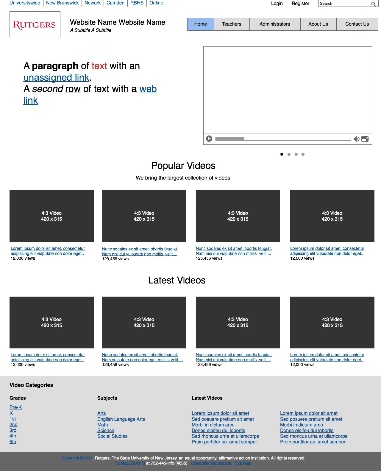Home page wireframe with an intro paragraph, a featured video player, video grids and a category footer