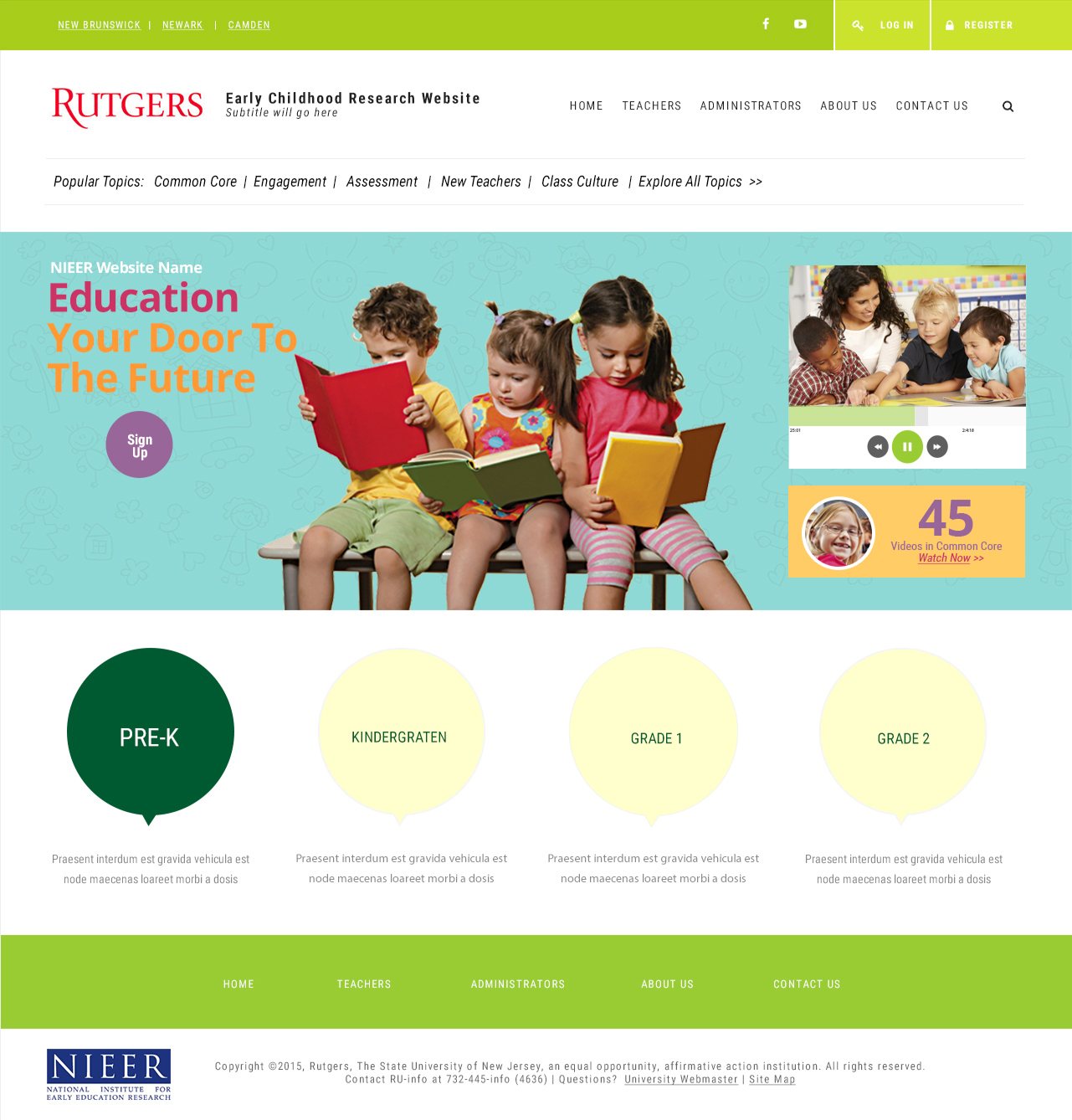 Home page design variation with a teal hero and Pre-K, Kindergarten, Grade 1 and Grade 2 buttons