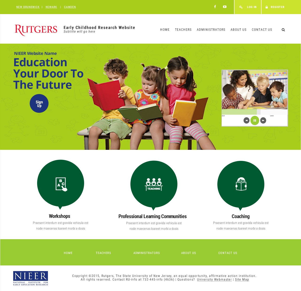 Home page design with a green hero and Workshops, Professional Learning Communities and Coaching sections