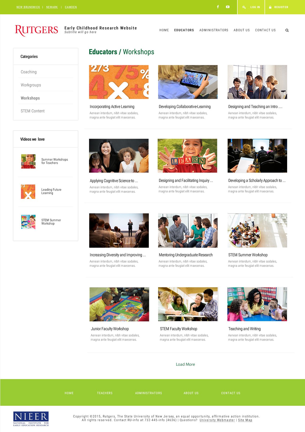 Workshops listing page with category sidebar, Videos we love and a grid of workshop videos
