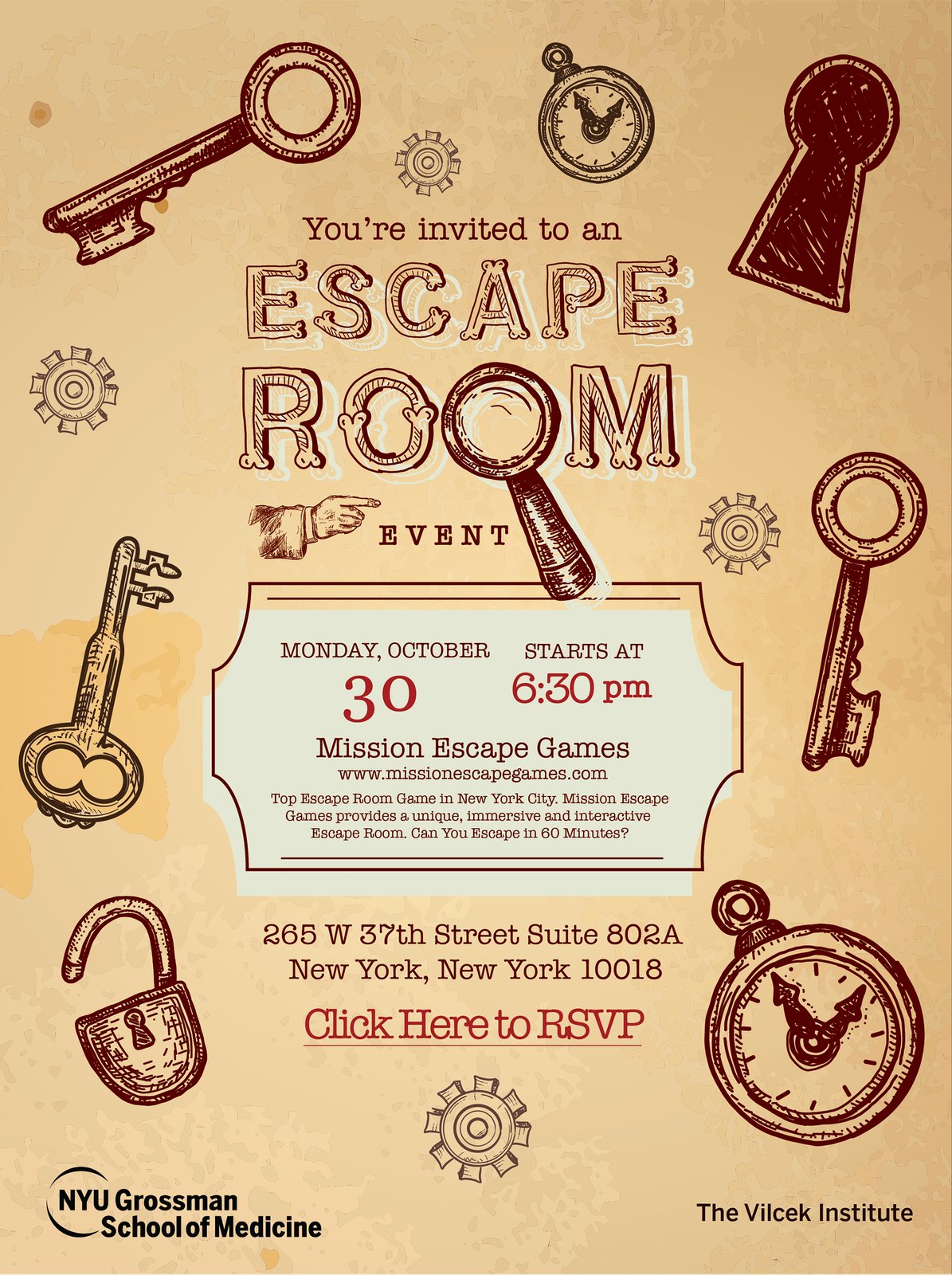 Escape Room Event invitation for the Vilcek Institute: vintage keys, clocks and a magnifying glass around hand-drawn type on aged paper, with event details in a ticket-style box