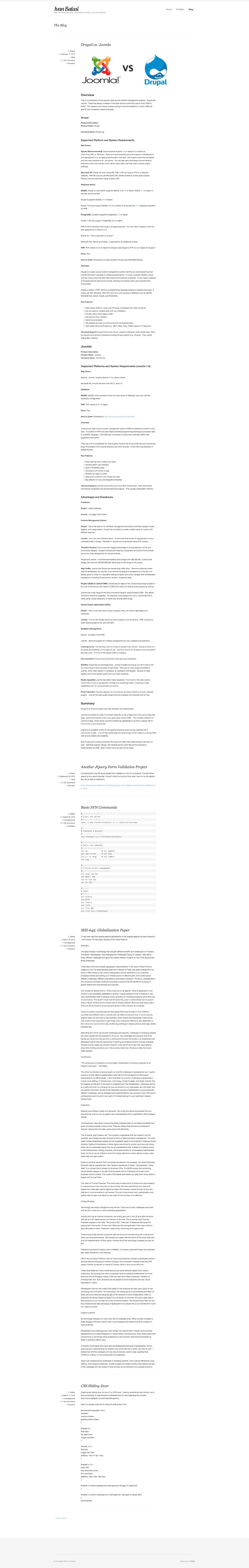 Old ivanbalasi.com blog page with posts including Drupal vs. Joomla and Basic SVN Commands