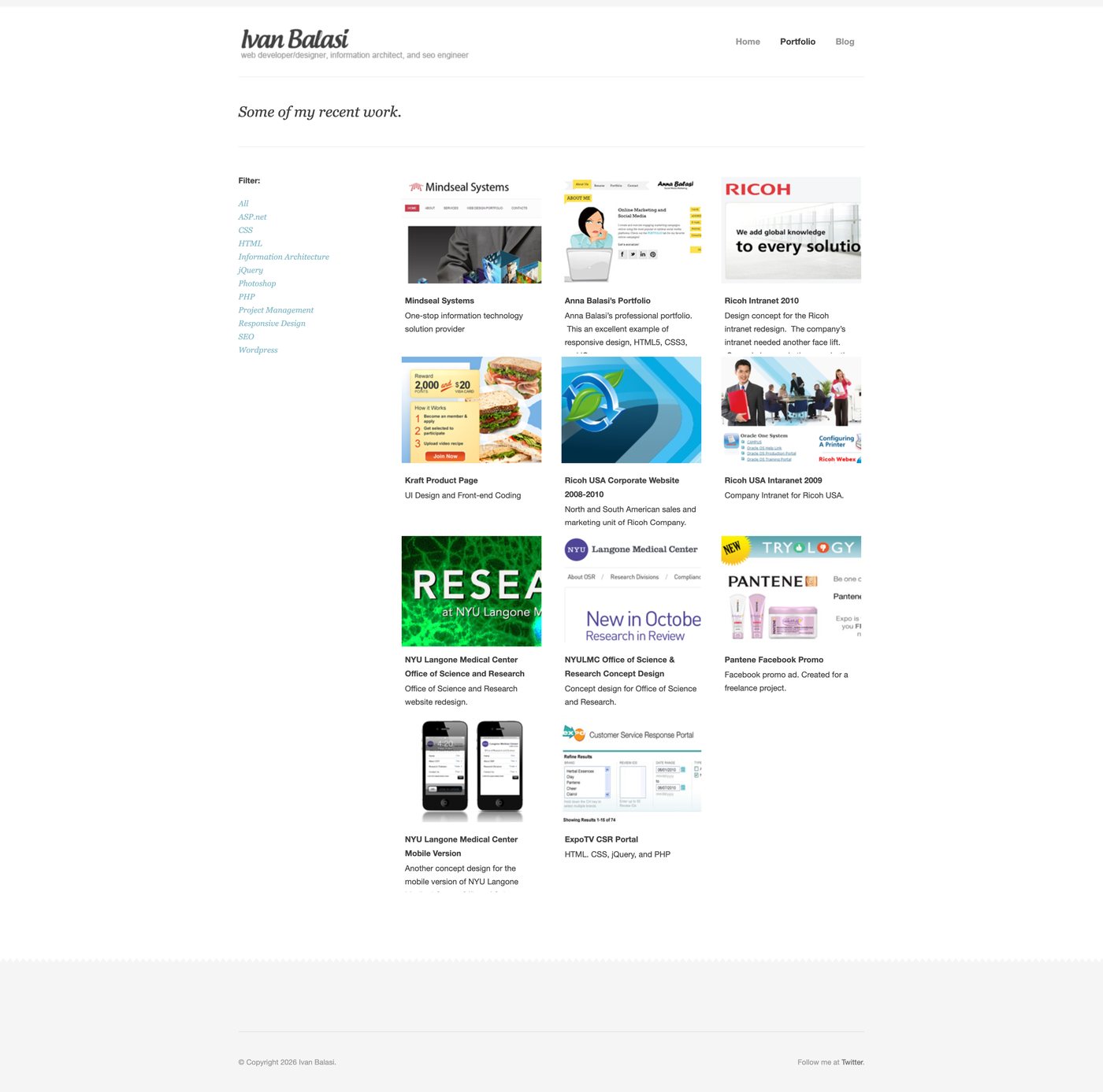 Old ivanbalasi.com portfolio page: filter list and a grid of project thumbnails