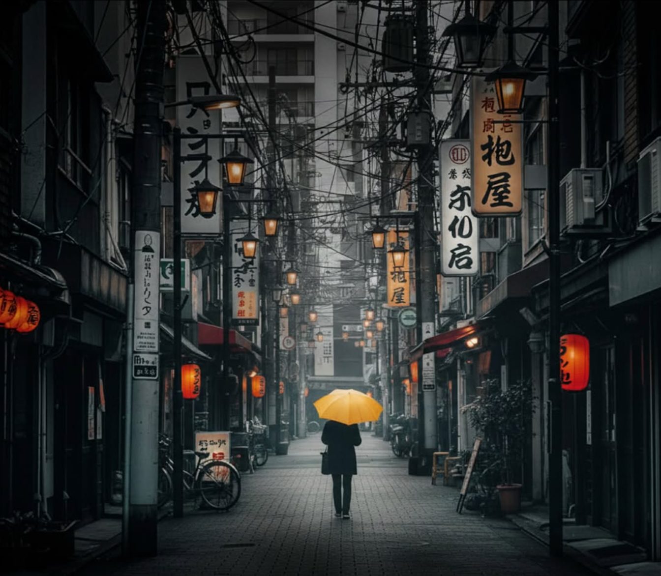 Lone figure with a yellow umbrella walking down a lantern-lit alley