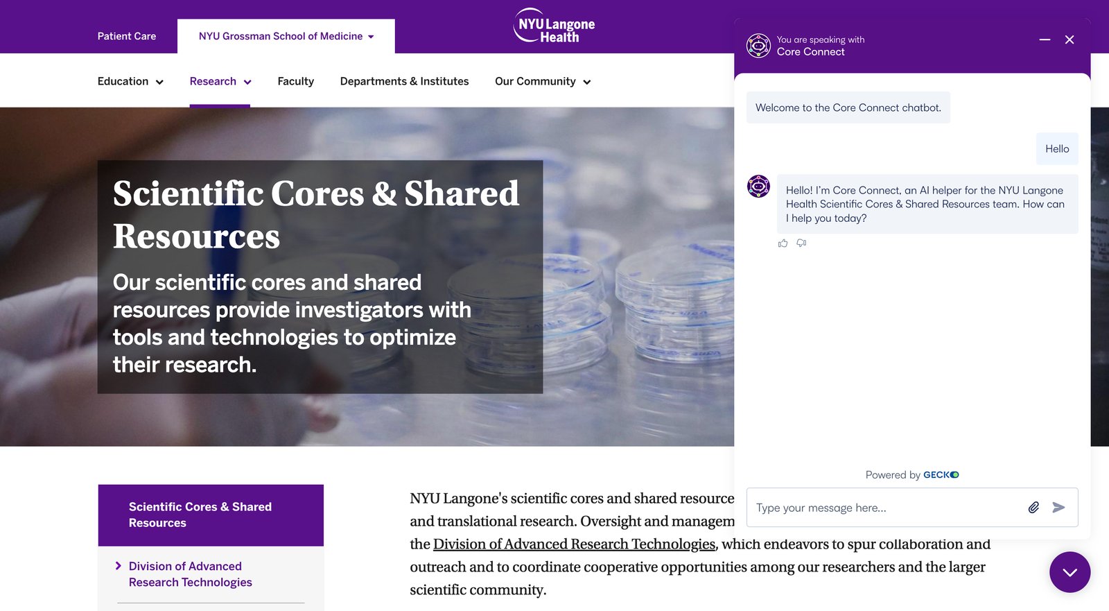 Scientific Cores & Shared Resources page with the Core Connect chatbot open, greeting a visitor