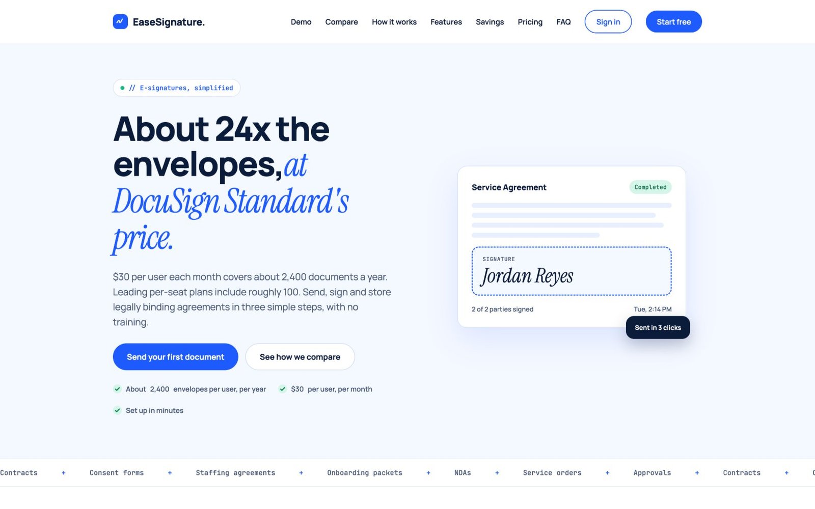 EaseSignature home page: About 24x the envelopes, at DocuSign Standard's price, beside a signed Service Agreement
