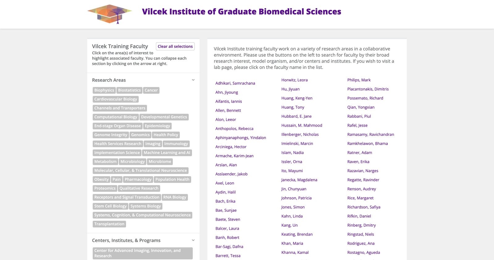 Find a Lab: Vilcek Training Faculty directory with research-area filter buttons on the left and an alphabetical faculty list on the right