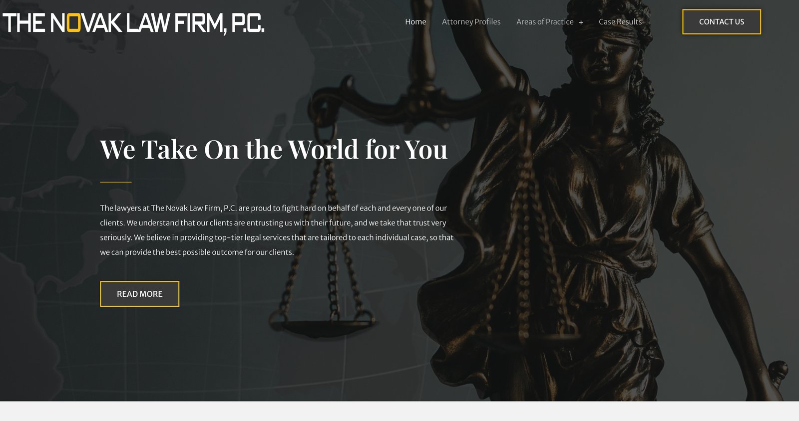 The Novak Law Firm home page: dark hero with a Lady Justice statue and the headline We Take On the World for You
