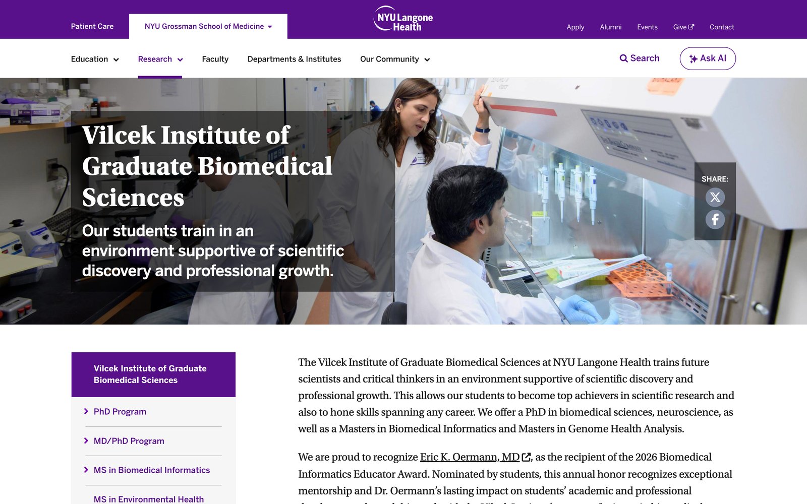 Homepage of the Vilcek Institute of Graduate Biomedical Sciences website