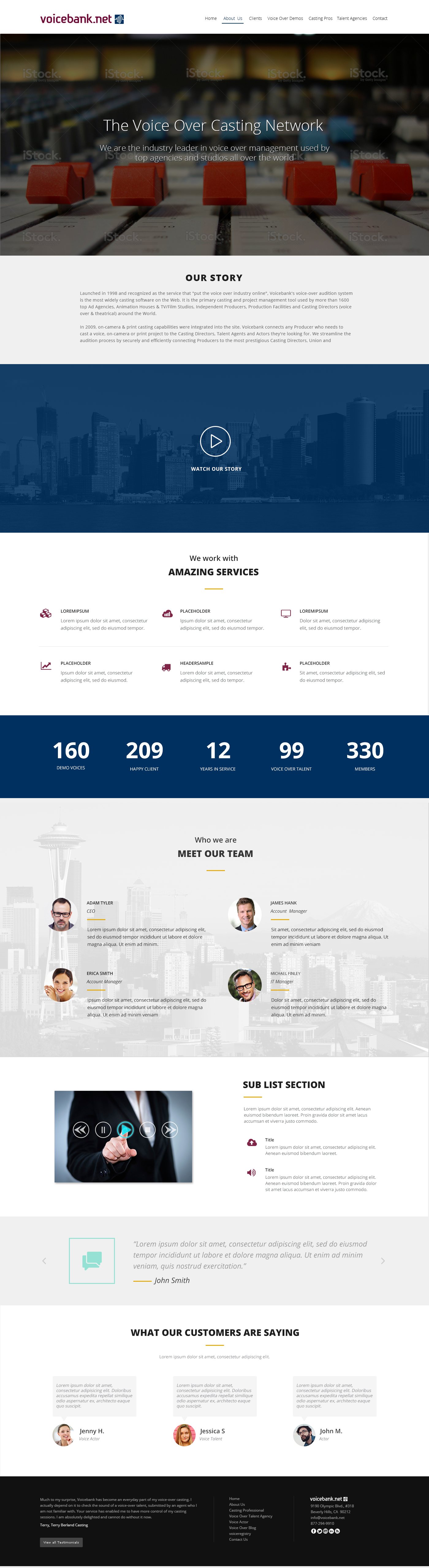 Voicebank.net About Us page design: hero reading The Voice Over Casting Network, Our Story, a video band, services, stats, team, and testimonials
